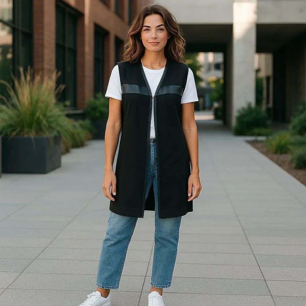 Charlie
Paige Black Faux Leather Trim Vest Duster